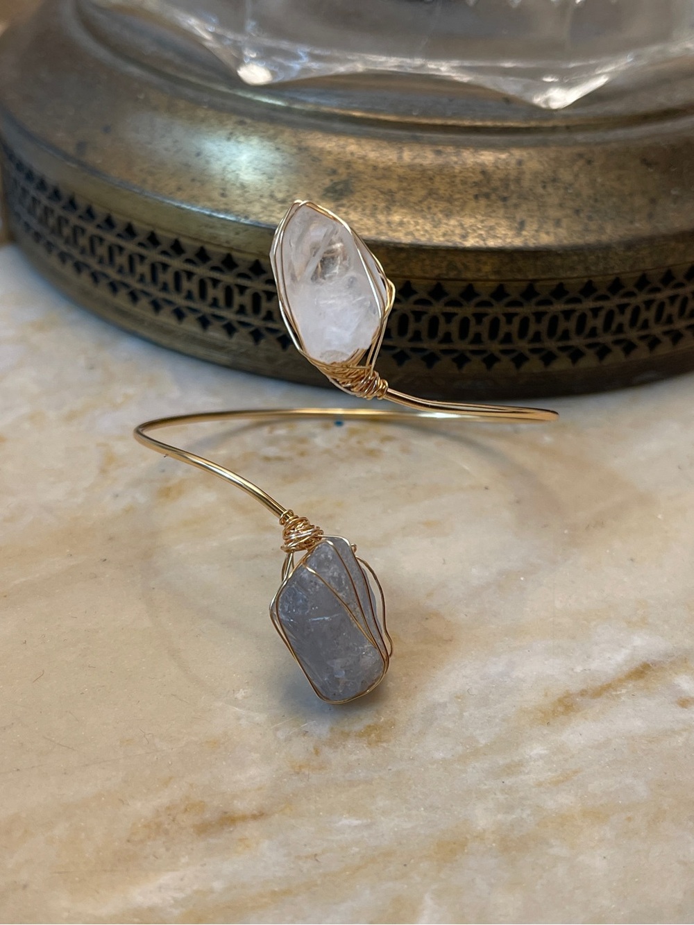 Clear Quartz + Celestite Gold Wire Wrapped Bangle